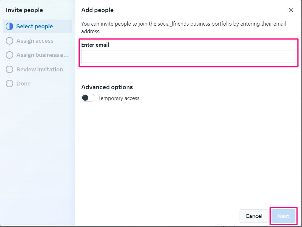 Enter your backup admin's email address click “Next“ and select "Full Control" then click "Next".