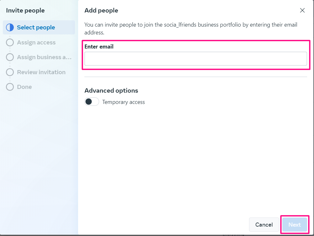 Enter your backup admin's email address click “Next“ and select "Full Control" then click "Next". Enter your backup admin's email address click “Next“ and select "Full Control" then click "Next".