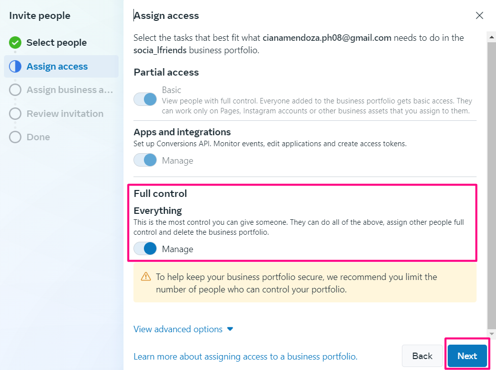 Enter your backup admin's email address click “Next“ and select "Full Control" then click "Next". Enter your backup admin's email address click “Next“ and select "Full Control" then click "Next".