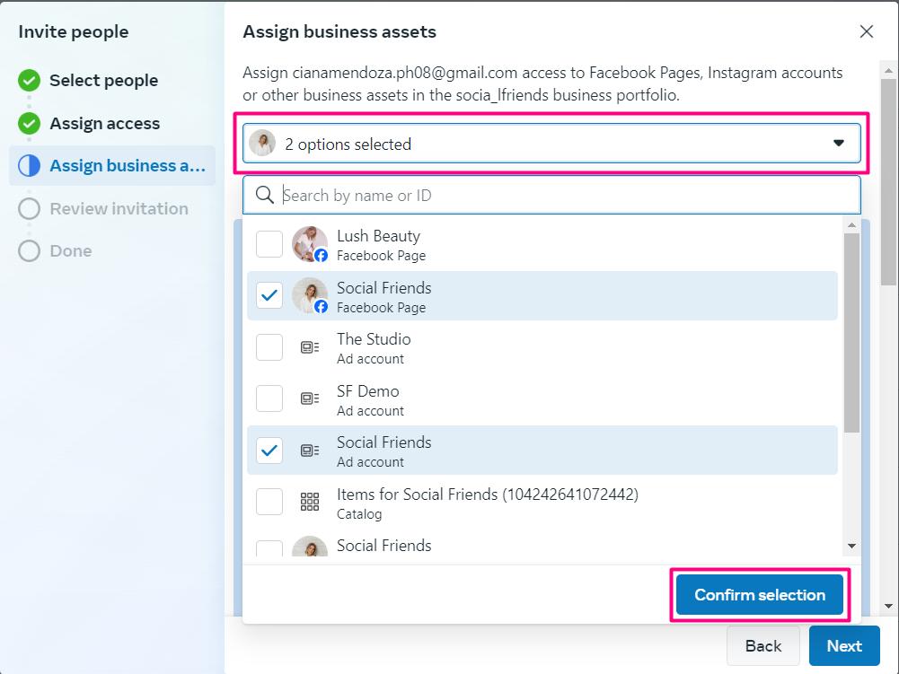 Assign all business assets that you want them to have access to, then click "Confirm Selection".