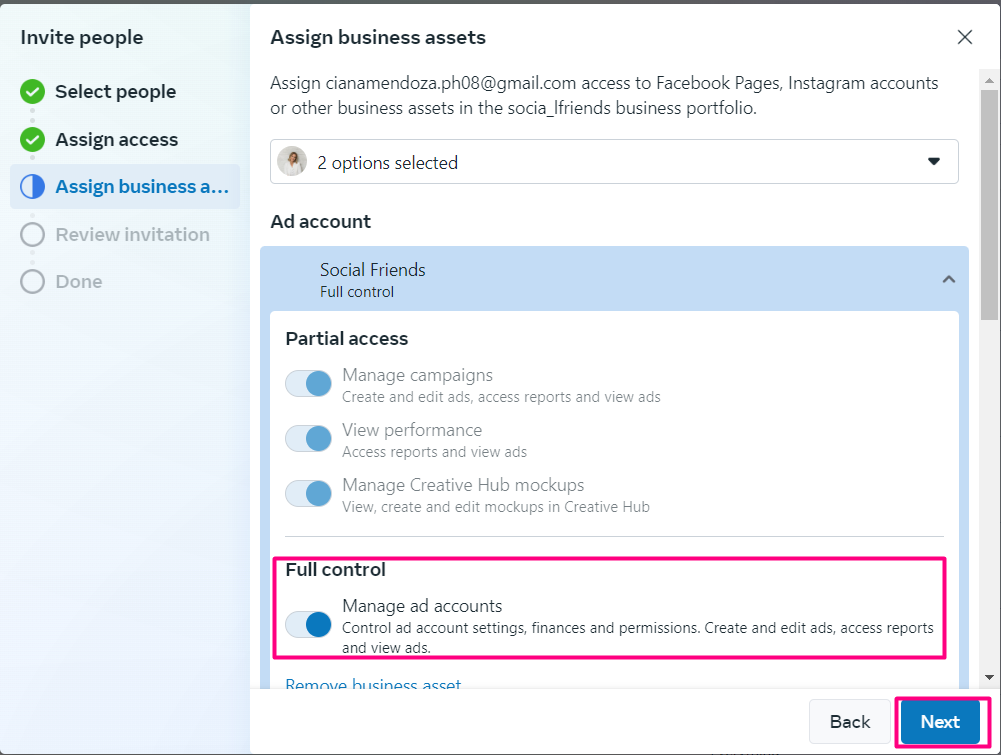 Click "Full Control" on all the selected Assets and click ”Next” Click "Full Control" on all the selected Assets and click ”Next”